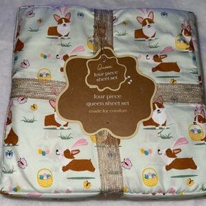 Easter corgi dog four piece queen sheet set. 🐣🐰